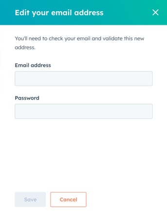 A screenshot showing a dialog box to enter the new email address you'd like to use for the HubSpot account, and a field to enter your HubSpot password.