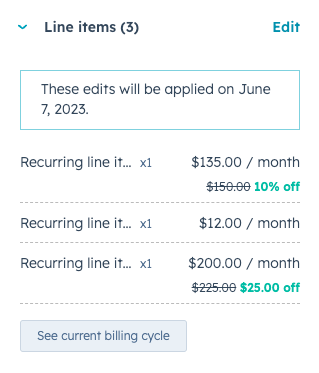 HubSpot subscription panel displaying updated line items with an option to 'See current billing cycle'.