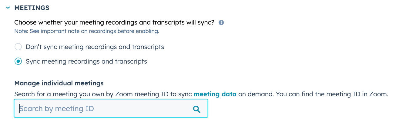 screenshot showing the Zoom meeting settings in HubSpot