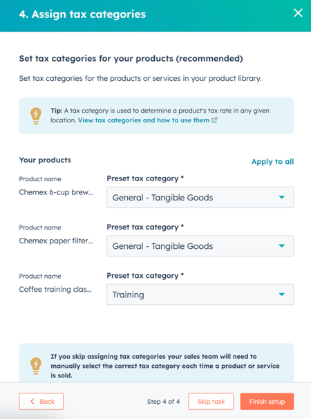 Assigning tax categories to products in HubSpot product library.