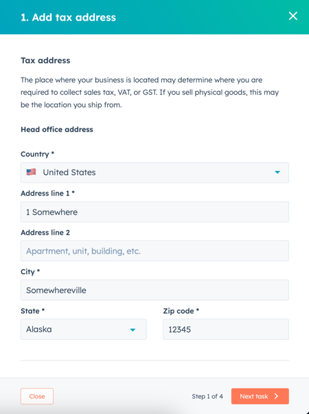 Dialog box to add business tax address in HubSpot.