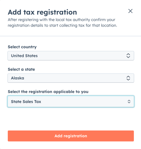 Dialog box for adding tax registration details like country, state, and registration type.