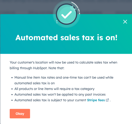 Confirmation message: 'Automated tax is on' in HubSpot.
