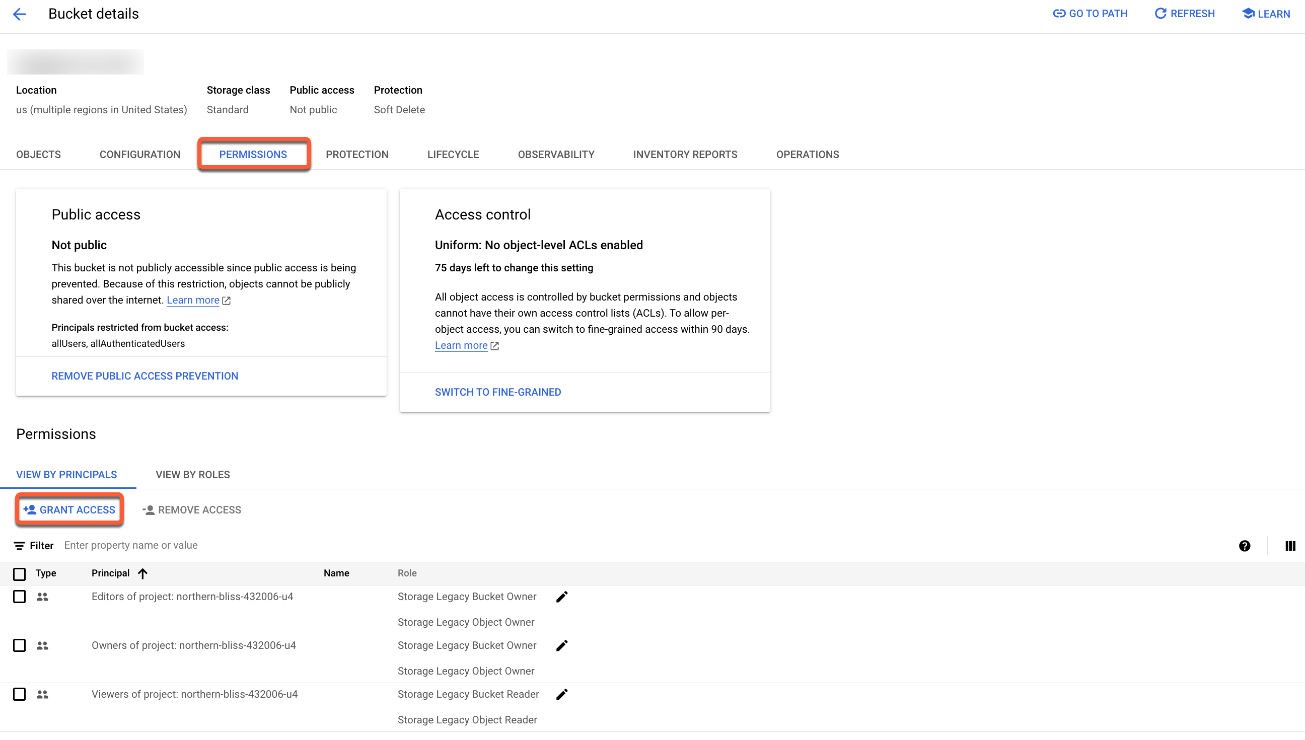 screenshot showing where you can grant Google Service account permissions to access Cloud Storage Buckets