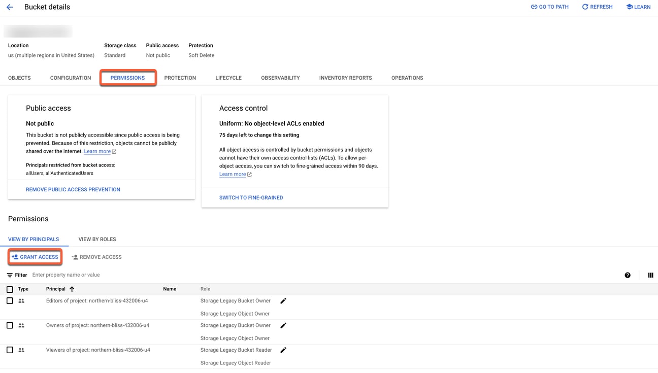 screenshot showing where you can grant Google Service account permissions to access Cloud Storage Buckets