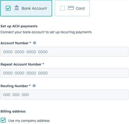 screenshots showing the fields for ACH as payment method