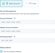 screenshots showing the fields for ACH as payment method