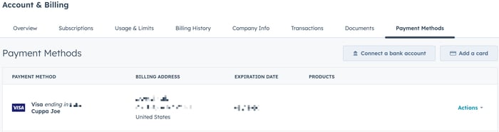 screenshot showing the Payment Methods tab under Account & Billing in HubSpot