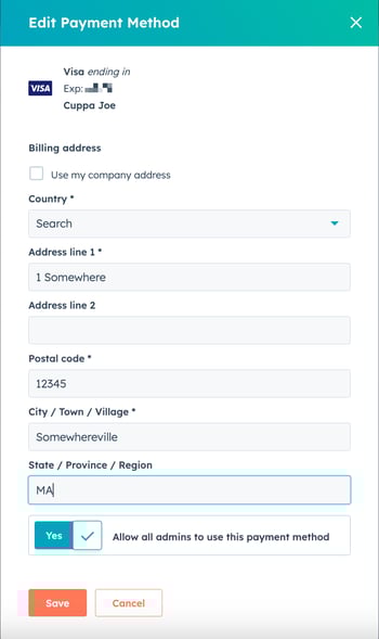 screenshot showing how to update a card as payment method