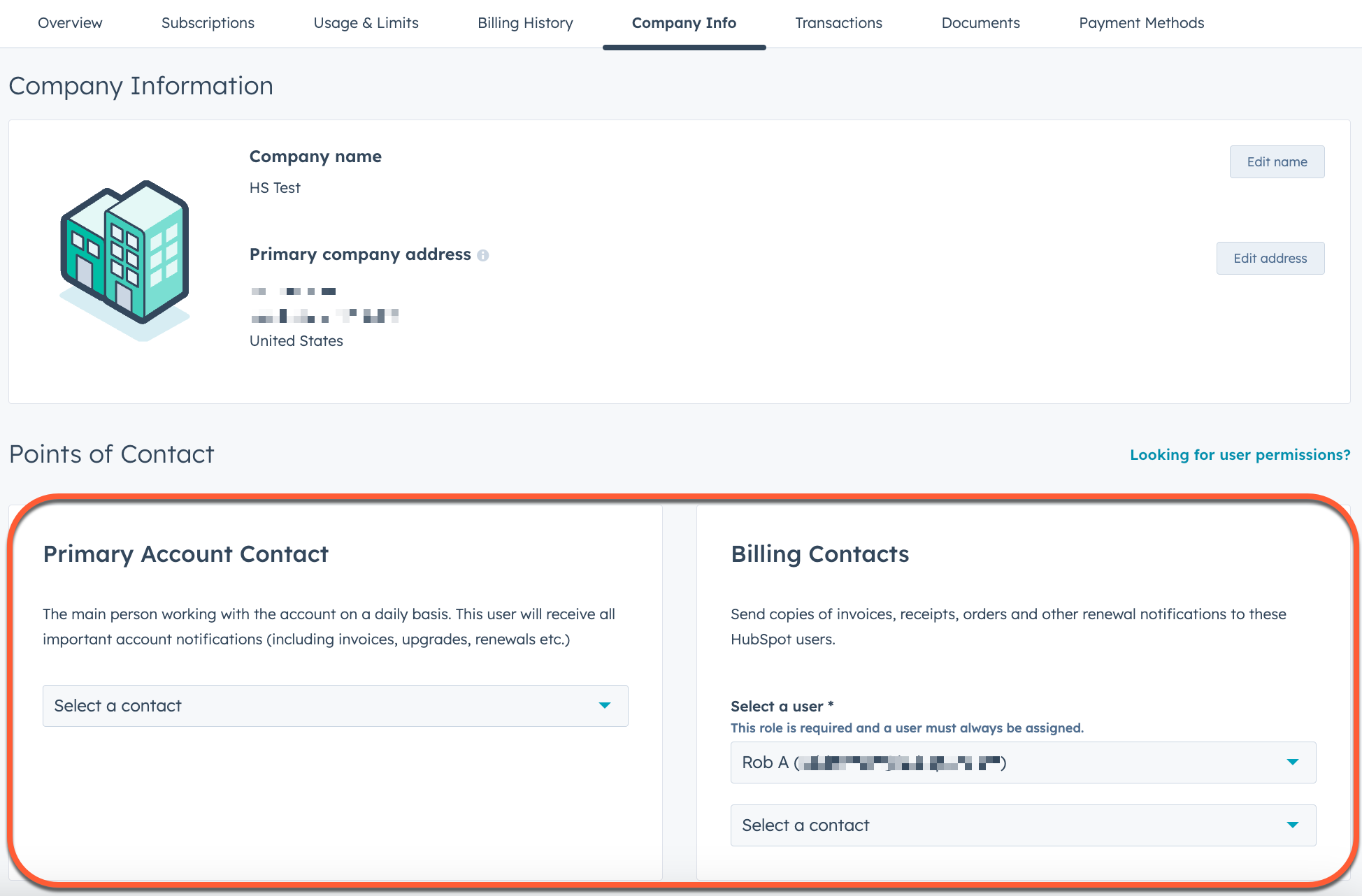 screenshot showing the Primary Account Contact and Billing Contacts sections under Company Info in HubSpot
