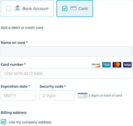 screenshot showing the fields when using Card as Payment Method during checkout