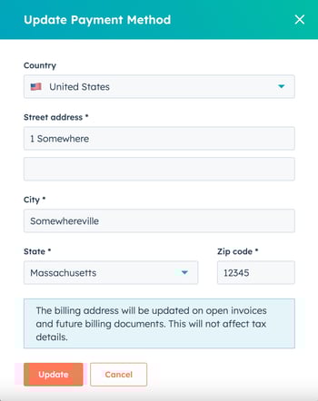 screenshot showing how to update the details for invoice as payment method
