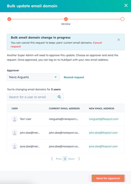 Screenshot showing the Send for approval button in HubSpot. 