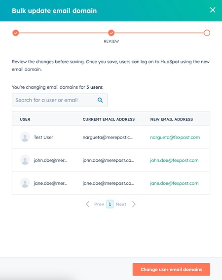 Screenshot showing the Change user email domains button in HubSpot.