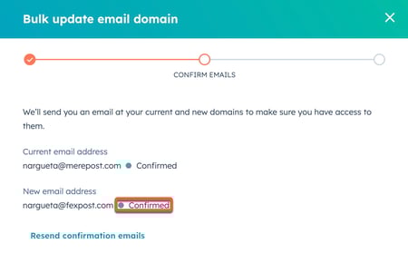 Screenshot showing the status "confirmed" for the new email address. 