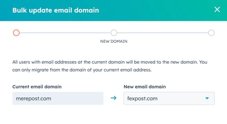 Screenshot showing the New email domain dropdown menu in HubSpot. 