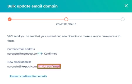 Screenshot showing the status "not confirmed" for the new email address in HubSpot.