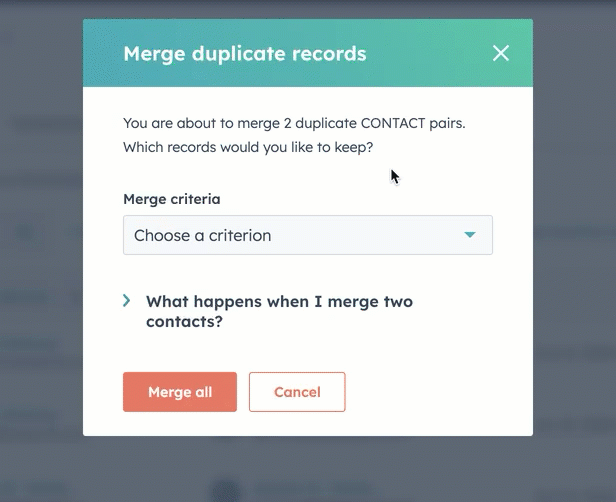 GIF image displaying a dialog box. merge criteria options are shown such as "most recent engagement". The user selects "created first", then "merge all".