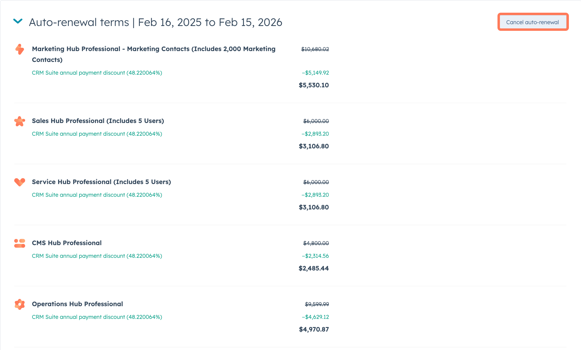 screenshot showing the Cancel auto-renewal button in Account & Billing in HubSpot.