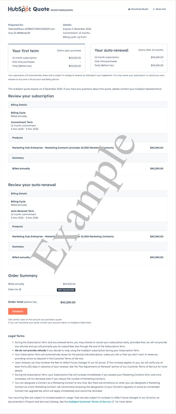 screenshot showing example of quote checkout in HubSpot