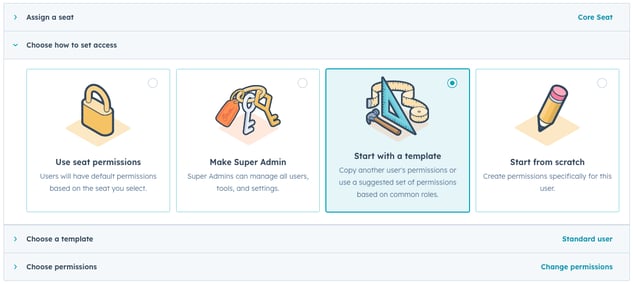 Options for setting user permissions in HubSpot, including using seat permissions, making a Super Admin, or starting from a template or scratch.