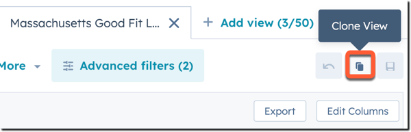 Screenshot of index page in HubSpot. The clone view button is highlighted with an orange border.