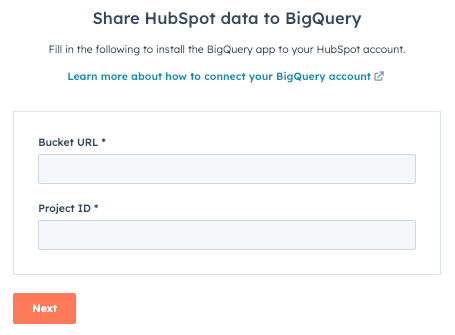 screenshot of page where to enter your Bucket URI and Project ID to connect HubSpot data to BigQuery