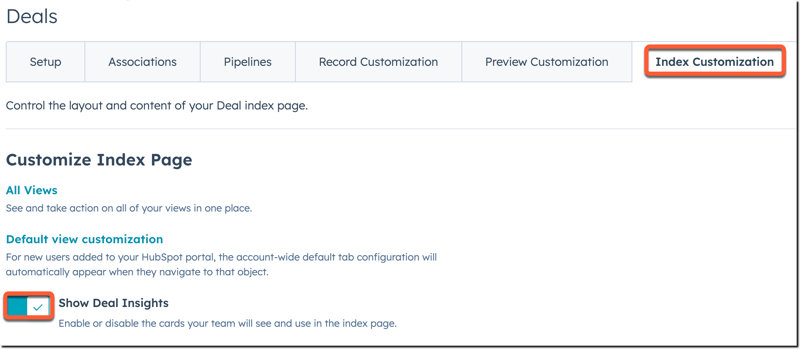 deal settings page displaying a 