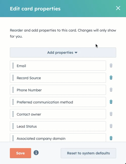 GIF image displaying a dialog box of a list of properties. The user removes, adds, and reorders them.