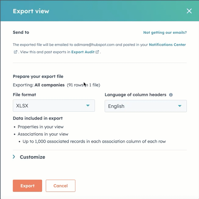 Animated GIF showing the HubSpot export records modal window, highlighting the various export options.