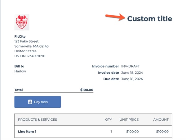 Screenshot of an invoice preview with a custom title displayed in the header.