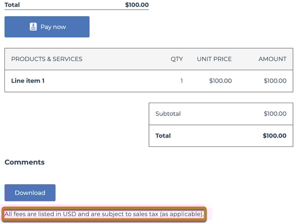 Screenshot of an invoice with a currency and sales tax notice at the bottom.