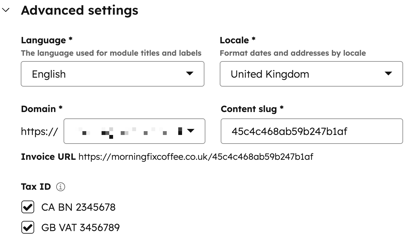 The Advanced settings section of the invoice editor.