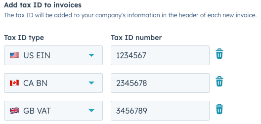 Screenshot of tax ID settings for invoices, allowing up to three tax IDs to be added.