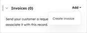 A screenshot of the Add Invoice option in the Invoice section of a contact record.