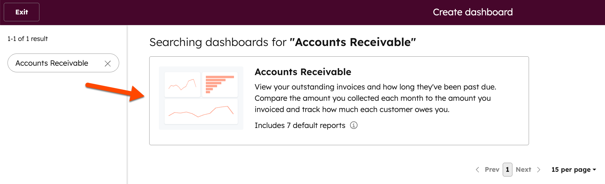 Screenshot showing a list of dashboards with the 'Accounts Receivable' dashboard highlighted.