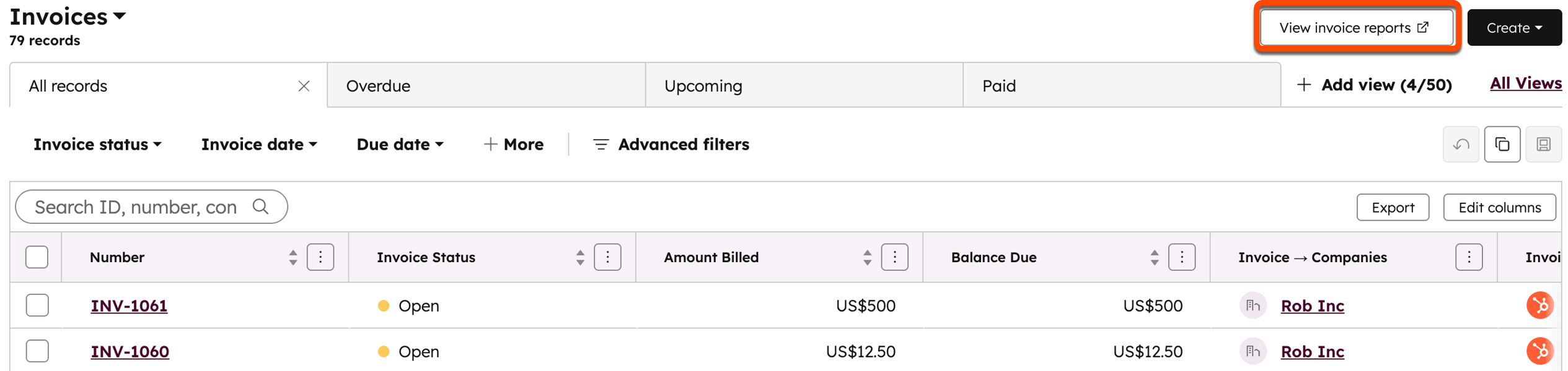 Screenshot showing the 'View invoice reports' button in the top right of the screen.