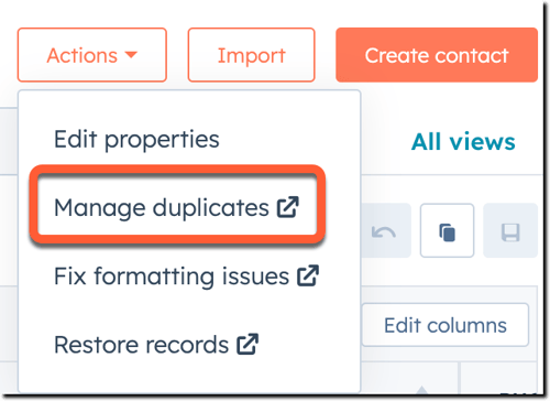 Screenshot displaying a section of the contact home page. An actions button is selected with a manage duplicates option highlighted with an orange border.