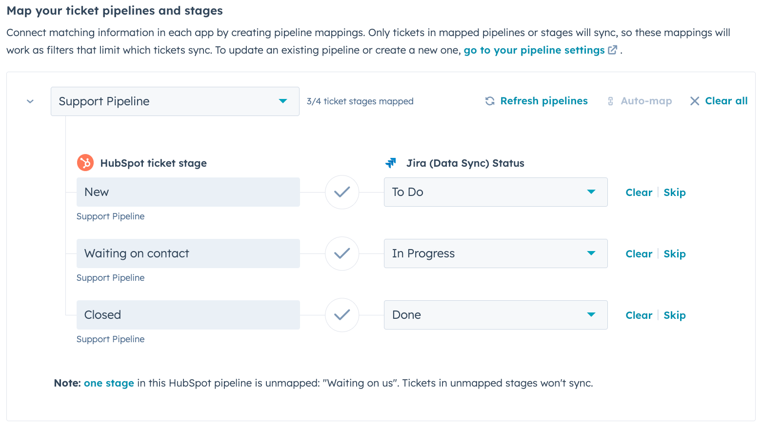 screenshot showing how to map ticket pipelines and stages between HubSpot and JIRA