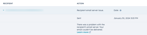 Screenshot of the email performance page, where an email is marked as encountering a recipient email server issue.