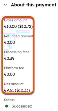 Detalhes de pagamento do HubSpot para uma transação com várias moedas do Stripe, mostrando valores em dólares americanos.