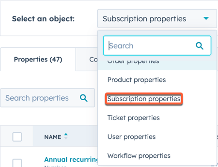 HubSpot settings interface showing 'Subscription properties' selected from the 'Select an object' dropdown menu.