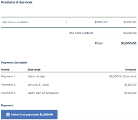 Finalized HubSpot quote displaying a payment schedule with scheduled amounts after the quote is approved