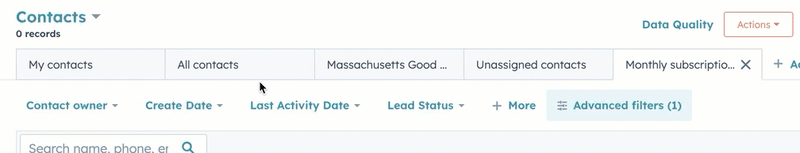 GIF image displaying a user dragging a tab titled My contacts to the far left to set the default view.