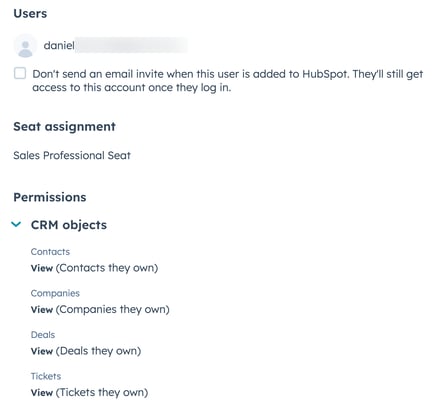 The final review step in HubSpot's user creation process, showing a summary of the new user's seat assignment and permissions before finalizing.