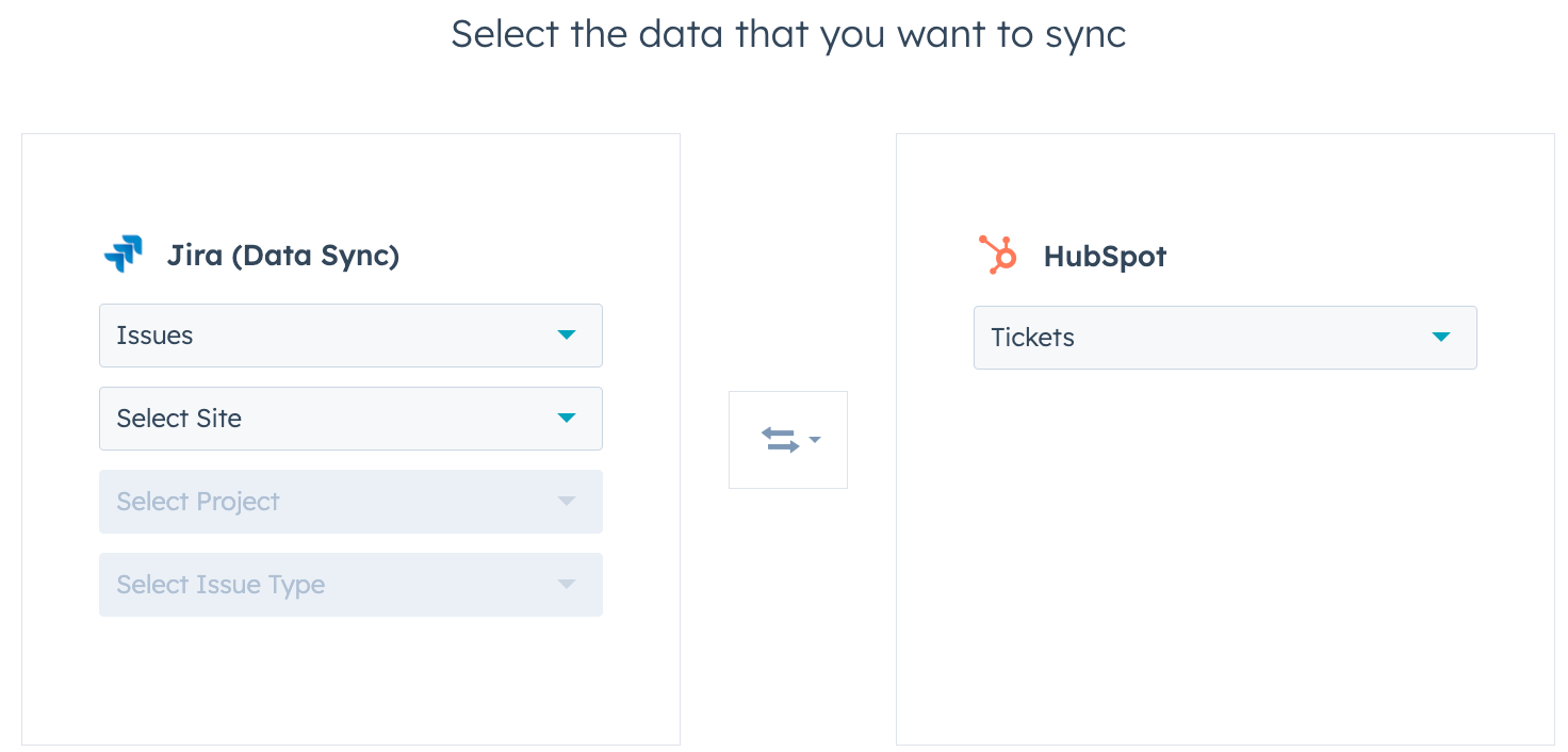 screenshot showing how to select the data to sync between JIRA and HubSpot