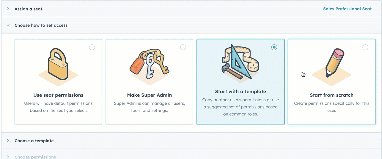 A GIF demonstrating how to select and customize user permissions in HubSpot by toggling different access switches on and off.