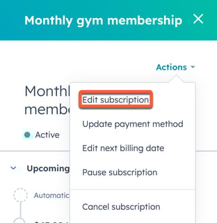 HubSpot subscription details panel with 'Actions' dropdown menu open and 'Edit subscription' selected.