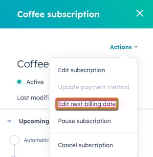 HubSpot subscription panel 'Actions' menu with 'Edit next billing date' option highlighted.
