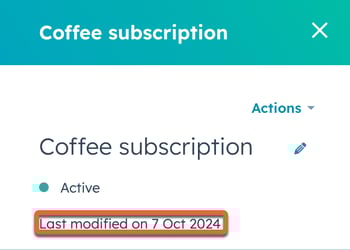 HubSpot subscription details showing updated 'Next payment due date', 'End date', and 'Last modified' timestamp.